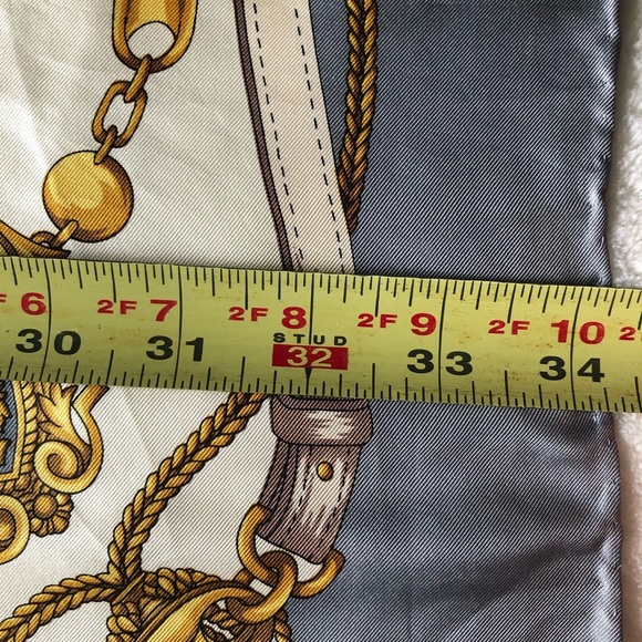 Silk Scarf - Gold Chains Tassels Filigree Design - Gray Black Cream Gold 34” - Picture 6 of 9